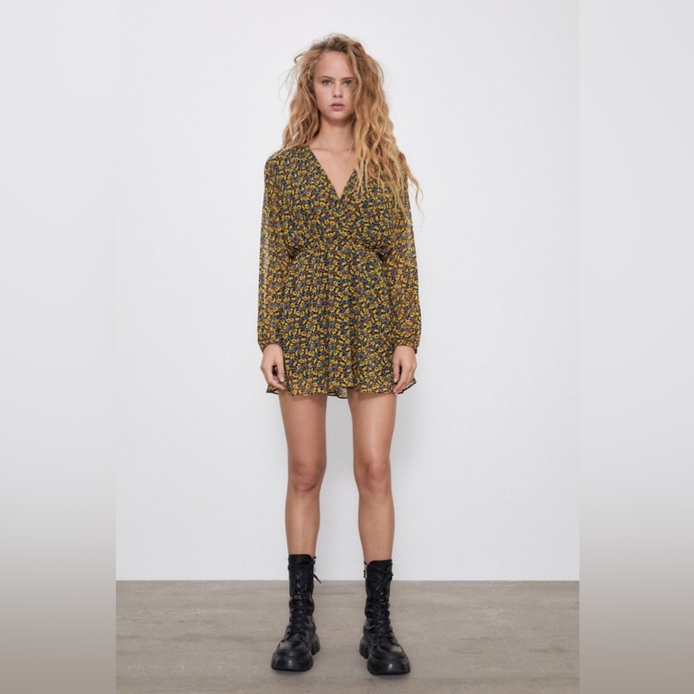 Zara Floral Multicolor Long Sleeve Surplice Dress Size XS - Picture 2 of 10